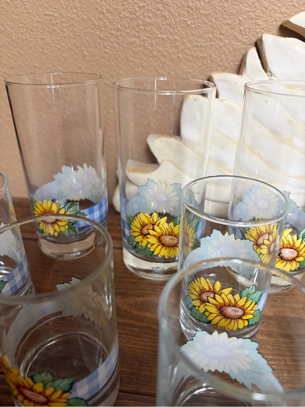 Corelle Vintage Sunflower Blue Plaid Print Drinking Glasses lot of 10!